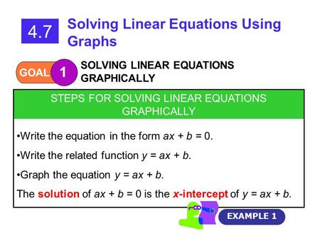 Write the equation in the form ax + b = 0. Write the related function y = ax + b. Graph the equation y = ax + b. The solution of ax + b = 0 is the x-intercept.