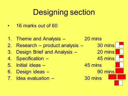 Designing section 16 marks out of 60 1.Theme and Analysis – 20 mins 2.Research – product analysis – 30 mins 3.Design Brief and Analysis – 20 mins 4.Specification.