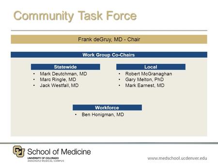 Www.medschool.ucdenver.edu Community Task Force Work Group Co-Chairs Frank deGruy, MD - Chair Mark Deutchman, MD Marc Ringle, MD Jack Westfall, MD Statewide.