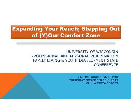 UNIVERSITY OF WISCONSIN PROFESSIONAL AND PERSONAL REJUVENATION FAMILY LIVING & YOUTH DEVELOPMENT STATE CONFERENCE VALERIE ADAMS-BASS, PHD THURSDAY NOVEMBER.