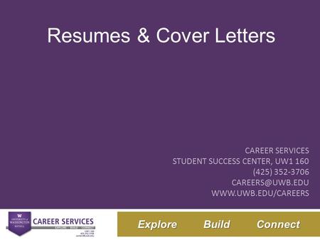 Title of Presentation Here Subtitle Here Explore Build Connect CAREER SERVICES STUDENT SUCCESS CENTER, UW1 160 (425) 352-3706