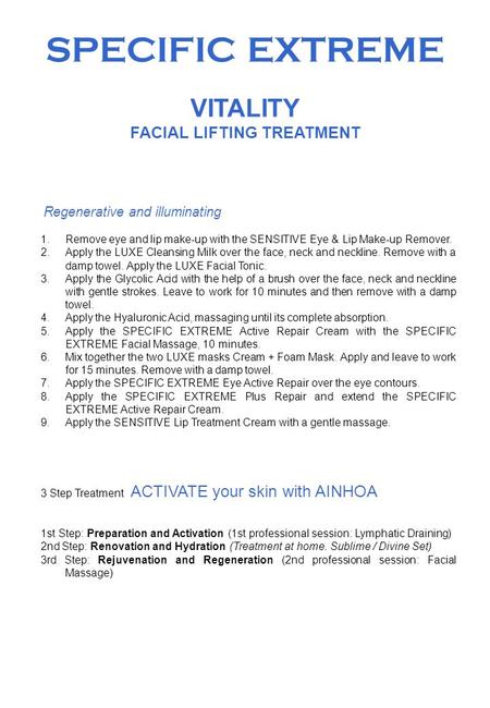 Regenerative and illuminating 1.Remove eye and lip make-up with the SENSITIVE Eye & Lip Make-up Remover. 2.Apply the LUXE Cleansing Milk over the face,