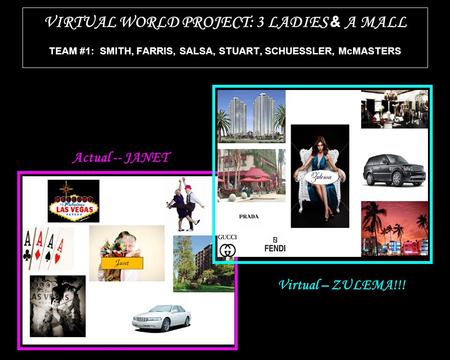 VIRTUAL WORLD PROJECT: 3 LADIES & A MALL TEAM #1: SMITH, FARRIS, SALSA, STUART, SCHUESSLER, McMASTERS Actual -- JANET Virtual – ZULEMA!!!