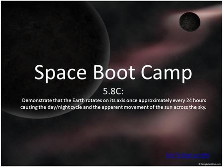 Space Boot Camp 5.8C: Demonstrate that the Earth rotates on its axis once approximately every 24 hours causing the day/night cycle and the apparent movement.