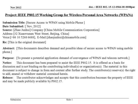 Doc.: IEEE 802.15-xxxxx Submission doc. : IEEE 802.15-15-09-0549-00-0007doc. : IEEE 802. 15-12-0566-00-0008pac Nov 2012 Slide 1 Project: IEEE P802.15 Working.