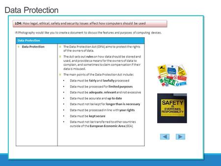 Data Protection LO4: How legal, ethical, safety and security issues affect how computers should be used IR Photography would like you to create a document.