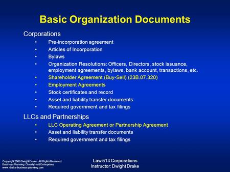 Law 514 Corporations Instructor: Dwight Drake Basic Organization Documents Corporations Pre-incorporation agreement Articles of Incorporation Bylaws Organization.