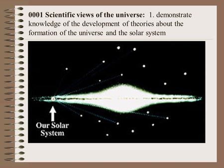 0001 Scientific views of the universe: 1. demonstrate knowledge of the development of theories about the formation of the universe and the solar system.