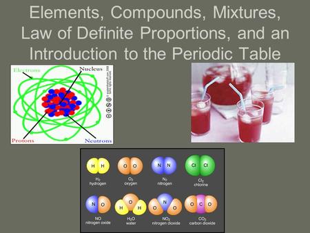 Elements, Compounds, Mixtures, Law of Definite Proportions, and an Introduction to the Periodic Table.