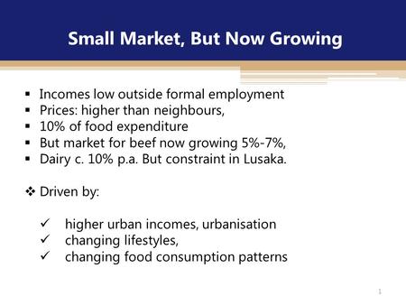 Small Market, But Now Growing  Incomes low outside formal employment  Prices: higher than neighbours,  10% of food expenditure  But market for beef.