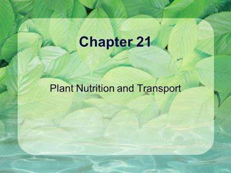 Plant Nutrition and Transport