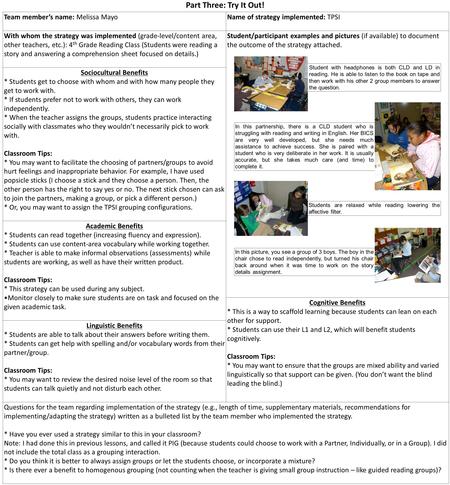 Part Three: Try It Out! Team member’s name: Melissa MayoName of strategy implemented: TPSI With whom the strategy was implemented (grade-level/content.