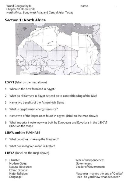 World Geography 8 Name __________________ Chapter 18 Homework North Africa, Southwest Asia, and Central Asia Today Section 1: North Africa EGYPT (label.