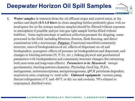 Deepwater Horizon Oil Spill Samples 1.Water samples in transects from the oil effluent origin and control areas, at the surface and depth (0.5-1.0 liters.