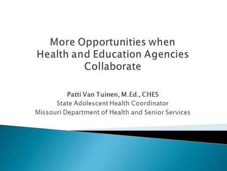 Patti Van Tuinen, M.Ed., CHES State Adolescent Health Coordinator Missouri Department of Health and Senior Services.