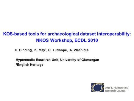 KOS-based tools for archaeological dataset interoperability: NKOS Workshop, ECDL 2010 C. Binding, K. May 1, D. Tudhope, A. Vlachidis Hypermedia Research.