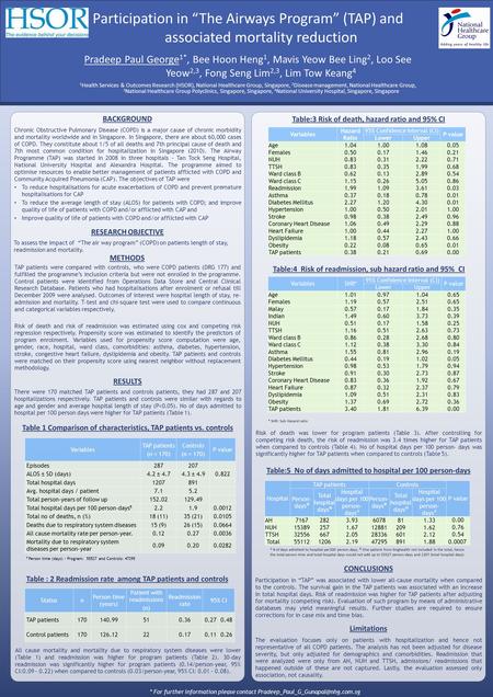 Chronic Obstructive Pulmonary Disease (COPD) is a major cause of chronic morbidity and mortality worldwide and in Singapore. In Singapore, there are about.