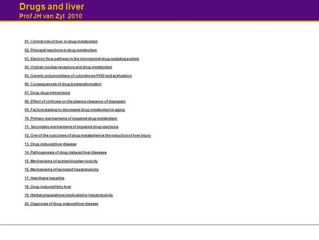 Prof JH van Zyl 2010 01. Central role of liver in drug metabolism 02. Principal reactions in drug metabolism 03. Electron flow pathway in the microsomal.