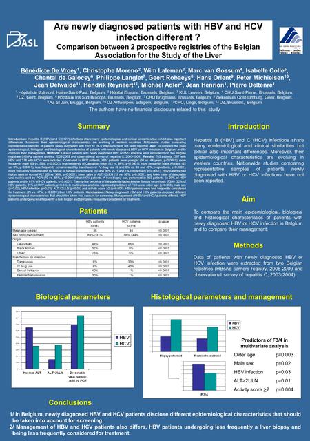 Summary Are newly diagnosed patients with HBV and HCV infection different ? Comparison between 2 prospective registries of the Belgian Association for.