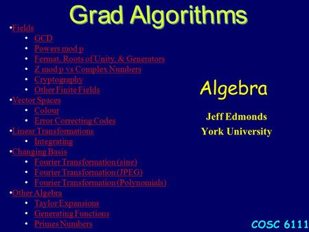 Algebra Jeff Edmonds York University COSC 6111 Fields GCD Powers mod p Fermat, Roots of Unity, & Generators Z mod p vs Complex Numbers Cryptography Other.