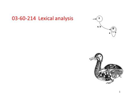 1 03-60-214 Lexical analysis S a, b a B. 2 Lexical analysis in perspective LEXICAL ANALYZER – Scan Input – Remove White Space, New Line, … – Identify.