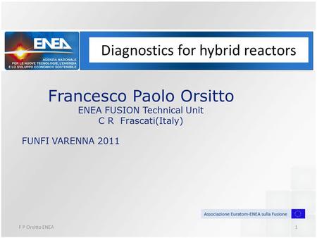 F P Orsitto ENEA1 Diagnostics for hybrid reactors Francesco Paolo Orsitto ENEA FUSION Technical Unit C R Frascati(Italy) FUNFI VARENNA 2011.