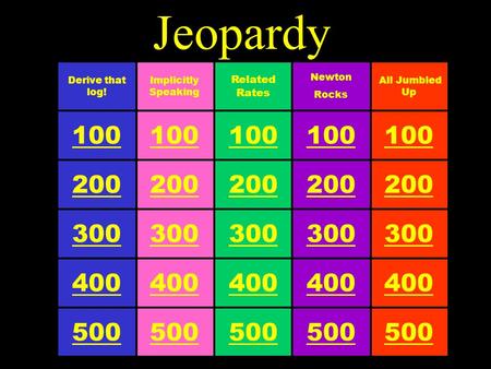 Jeopardy 100 Related Rates 500 300 200 400 100 Implicitly Speaking 500 300 200 400 100 Derive that log! 500 300 200 400 100 All Jumbled Up 500 300 200.