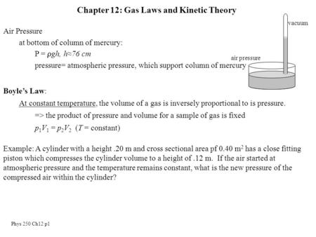 Phys 250 Ch12 p1 Chapter 12: Gas Laws and Kinetic Theory Air Pressure at bottom of column of mercury: P =  gh, h≈76 cm pressure= atmospheric pressure,