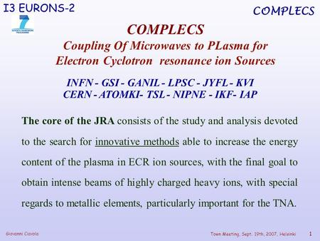 Giovanni Ciavola I3 EURONS-2 COMPLECS Town Meeting, Sept. 19th, 2007, Helsinki 1 INFN - GSI - GANIL - LPSC - JYFL - KVI CERN - ATOMKI- TSL - NIPNE - IKF-