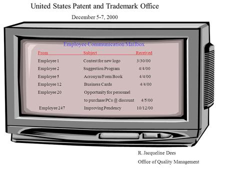 Employee Communication Mailbox From Subject Received Employee 1 Contest for new logo 3/30/00 Employee 2 Suggestion Program 4/4/00 Employee 5 Acronym/Form.