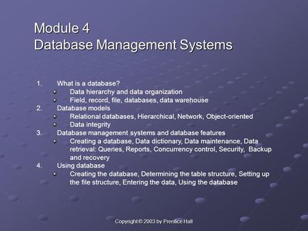 Copyright © 2003 by Prentice Hall Module 4 Database Management Systems 1.What is a database? Data hierarchy and data organization Field, record, file,