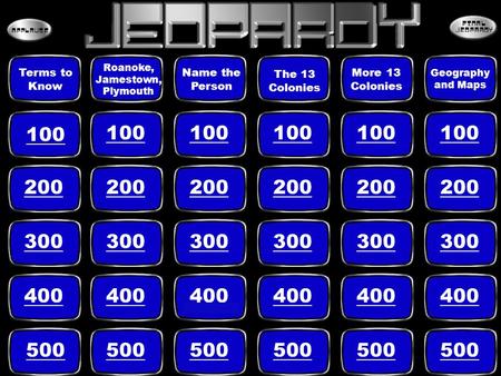 100 200 300 400 500 Terms to Know Roanoke, Jamestown, Plymouth Name the Person The 13 Colonies More 13 Colonies Geography and Maps 100.