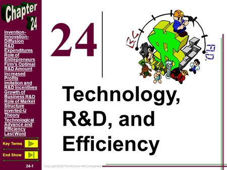 Copyright 2008 The McGraw-Hill Companies 24-1 Invention- Innovation- Diffusion R&D Expenditures Role of Entrepreneurs Firm’s Optimal R&D Amount Increased.