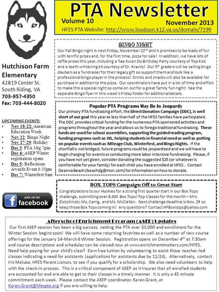 Hutchison Farm Elementary 42819 Center St. South Riding, VA 703-957-4350 Fax: 703-444-8020 UPCOMING EVENTS: Nov 18-22: American Education Week Nov 22: