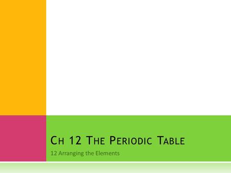 12 Arranging the Elements C H 12 T HE P ERIODIC T ABLE.