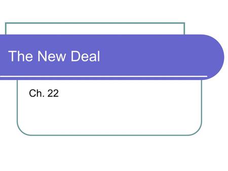 The New Deal Ch. 22. First 100 Days Period of time where FDR passed through a series of programs and policies at the beginning of his first term as President.