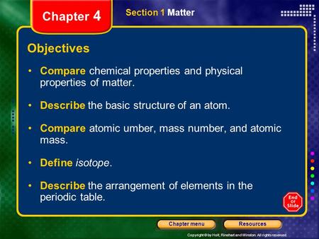 Chapter 4 Section 1 Matter Objectives