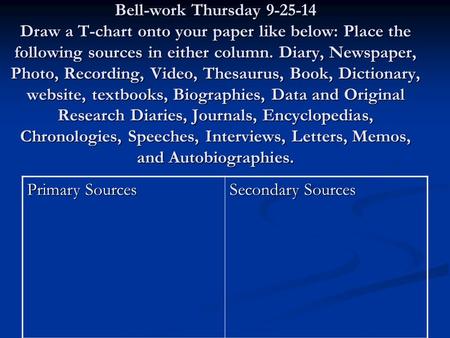 Bell-work Thursday 9-25-14 Draw a T-chart onto your paper like below: Place the following sources in either column. Diary, Newspaper, Photo, Recording,