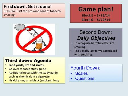 First down: Get it done! DO NOW –List the pros and cons of tobacco smoking. First down: Get it done! DO NOW –List the pros and cons of tobacco smoking.