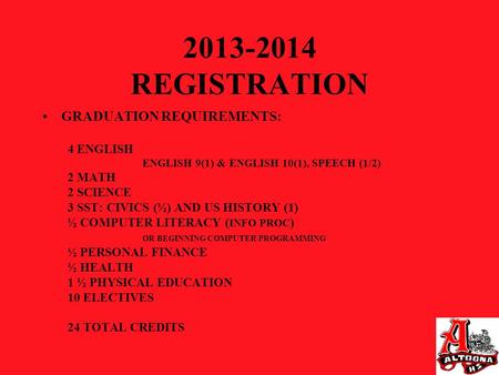 2013-2014 REGISTRATION GRADUATION REQUIREMENTS: 4 ENGLISH ENGLISH 9(1) & ENGLISH 10(1), SPEECH (1/2) 2 MATH 2 SCIENCE 3 SST: CIVICS (½) AND US HISTORY.