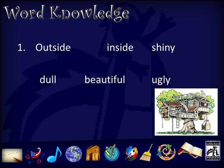 1.Outsideinsideshiny dullbeautifulugly 1.Openclosedownup widenarrowtop bottom *These words are antonyms! Tell your partner another Word for antonym.