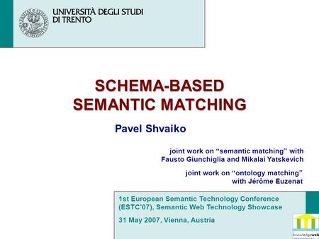 SCHEMA-BASED SEMANTIC MATCHING Pavel Shvaiko joint work on “semantic matching” with Fausto Giunchiglia and Mikalai Yatskevich joint work on “ontology matching”