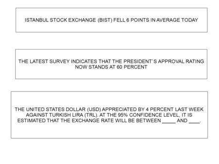 ISTANBUL STOCK EXCHANGE (BIST) FELL 6 POINTS IN AVERAGE TODAY THE UNITED STATES DOLLAR (USD) APPRECIATED BY 4 PERCENT LAST WEEK AGAINST TURKISH LIRA (TRL).