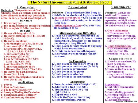 Copyright © Cecilia Perh 2004 The Natural Incommunicable Attributes of God 1. Omniscient Definition: That perfection of God whereby He, in an entirely.