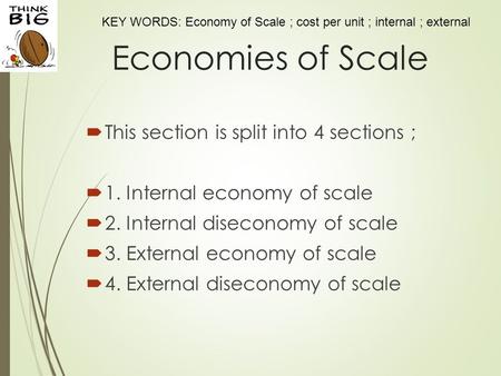 KEY WORDS: Economy of Scale ; cost per unit ; internal ; external Economies of Scale  This section is split into 4 sections ;  1. Internal economy of.