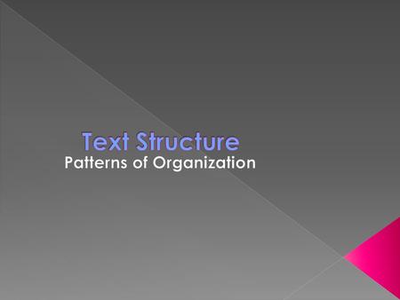 the way information in a passage is organized Six common patterns :  chronological  cause and effect  compare and contrast  problem and solution 