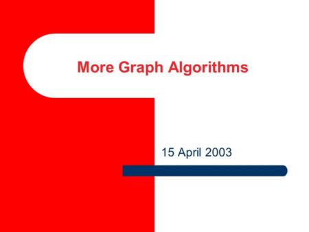 More Graph Algorithms 15 April 2003. 2 Applications of Graphs Graph theory is used in dealing with problems which have a fairly natural graph/network.