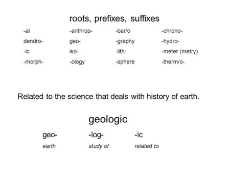 Roots, prefixes, suffixes -al-anthrop--bar/o-chrono- dendro-geo--graphy-hydro- -iciso--lith--meter (metry) -morph--ology-sphere-therm/o- Related to the.