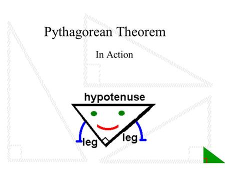 Pythagorean Theorem In Action. Table of Contents 1. Title page 2. Table of Contents 7. Lesson 1: Right Angles A. All over the world B. Search the web.