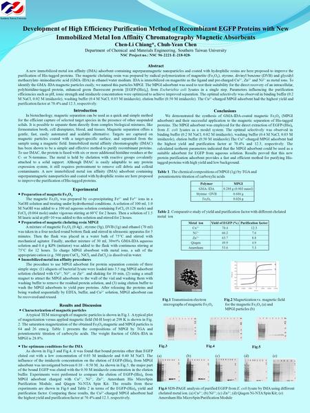 Southern Taiwan University Development of High Efficiency Purification Method of Recombinant EGFP Proteins with New Immobilized Metal Ion Affinity Chromatography.